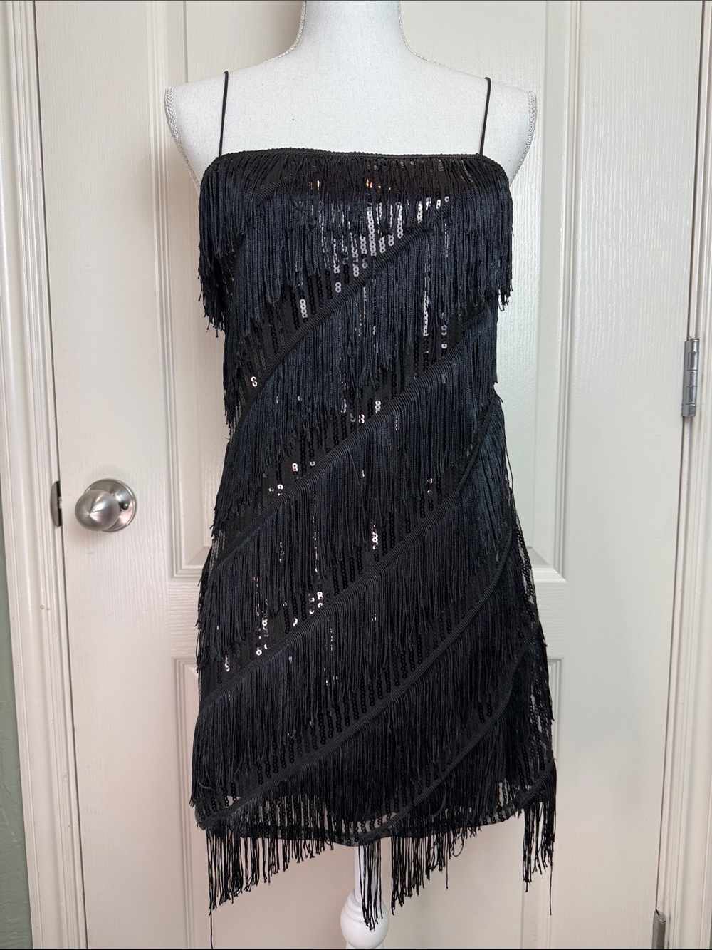 Forever 21 Black Sequin Fringe Mini Dress Sz M 20’s Flapper Cocktail Costume